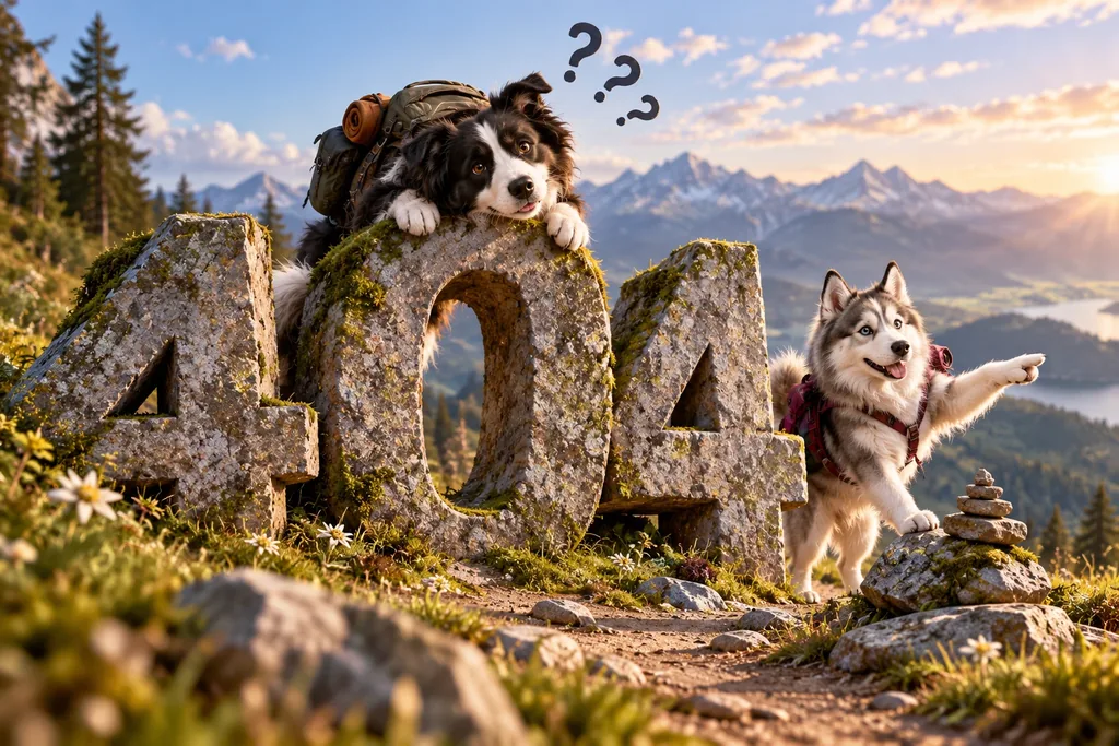 Dribbel, een border collie met rugzak, leunt met vraagtekens boven zijn hoofd op stenen letters die 404 vormen, terwijl Misty, een husky, met haar poot de weg wijst over een bergpad