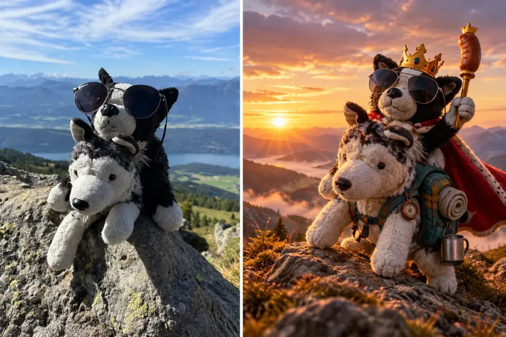 Tweeluik van Dribbel en Misty op een rots in de bergen. Links met zonnebril bij daglicht, rechts bij zonsondergang met Dribbel in koningsmantel met kroon en Misty met rugzak, kompas en kampeermok