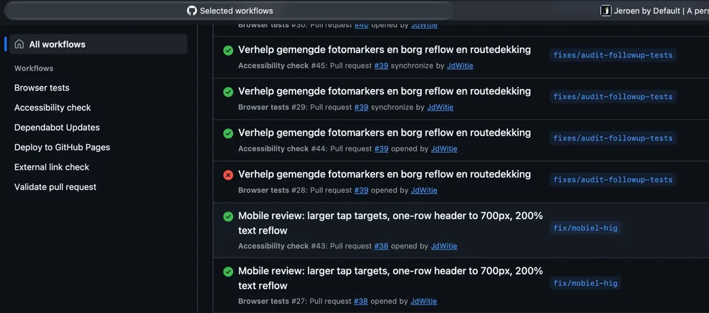 Overzicht van automatische controles op GitHub voor twee wijzigingsvoorstellen. Bijna alle runs hebben een groen vinkje, één browsertest heeft een rood kruis