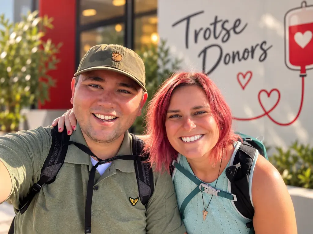 Selfie van Jeroen en Lynn, lachend voor een muur met de tekst Trotse Donors en een getekende bloedzak met hartjes