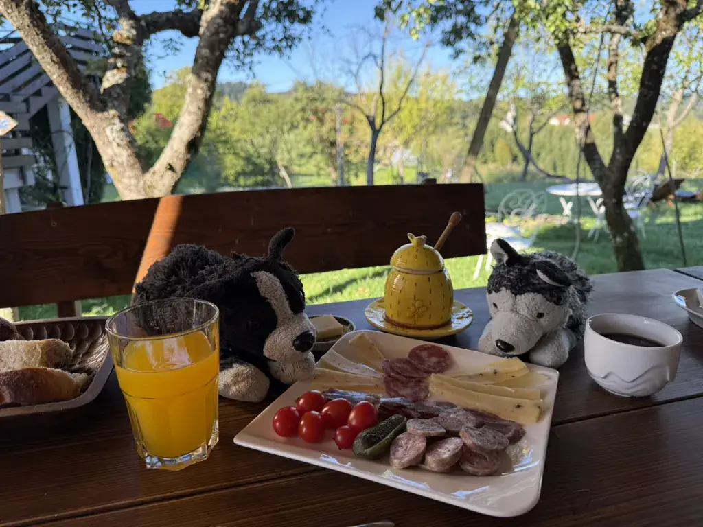 Ontbijt buiten met sap, koffie, brood, vleeswaren en kaas, en de knuffels Dribbel en Misty aan tafel.