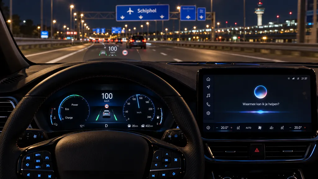Dashboard van een auto 's avonds op de snelweg, met borden naar Schiphol en de verkeerstoren in de verte; op het scherm vraagt een spraakassistent waarmee hij kan helpen