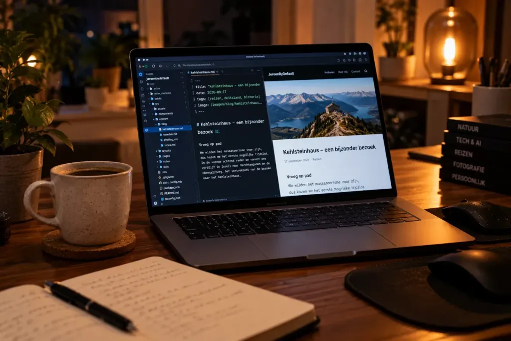 Laptop op een bureau in de avond, met links de code-editor en rechts een blogartikel van JeroenByDefault, naast een kop koffie en een notitieboek