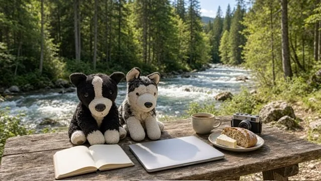 Dribbel en Misty als knuffels aan een tafel met een notitieboek, laptop en koffie, bij een bosrivier.